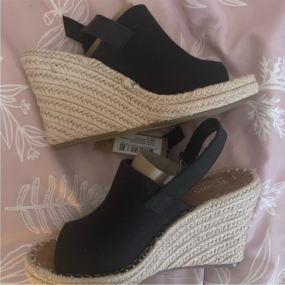 TOMS Black Wedge Espadrille Sandals - Picture 2 of 5